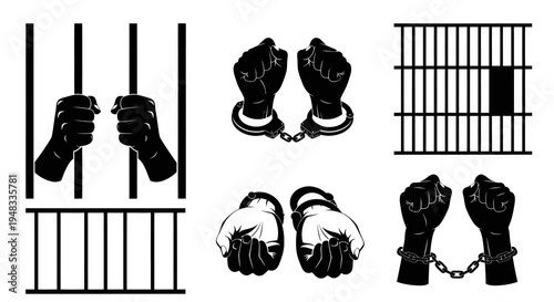 Black and White Silhouette Icons of Hands in Handcuffs and Prison Bars
