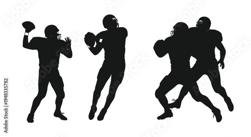American Football Silhouette Players, Black  White, Action