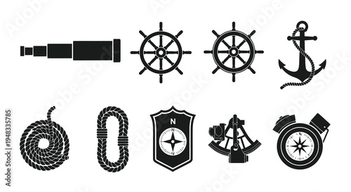 Nautical Icons: Telescope, Ship Wheels, Anchor, Rope, Compass, Sextant, Chronometer