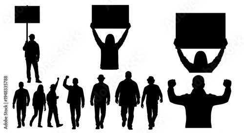 Silhouettes of Protesters Holding Signs, Black and White Vector
