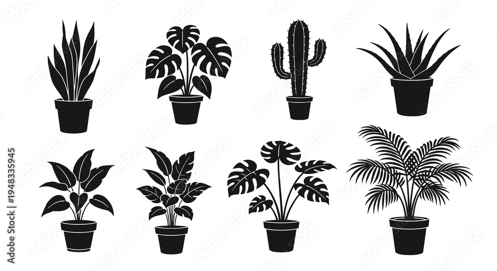 Fototapeta premium Black White Silhouette Potted House Plants Glyph Vector Set