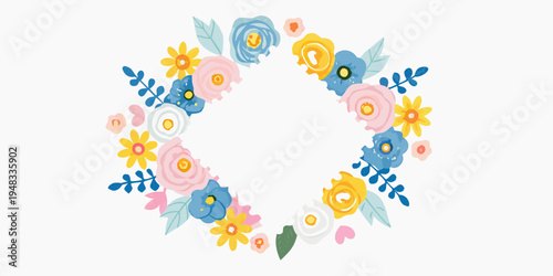 A colorful wreath of stylized flowers arranged in a circular pattern