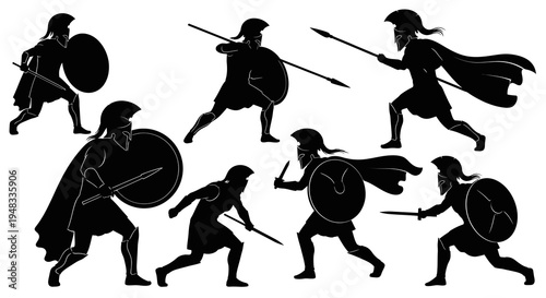 Ancient Greek Warriors Silhouettes with Shields and Spears - Black and White