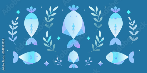 Stylized illustration of colorful fish and botanical elements on teal