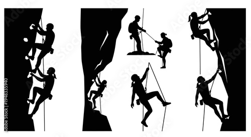 Black and White Silhouettes of Rock Climbers on Cliff Face