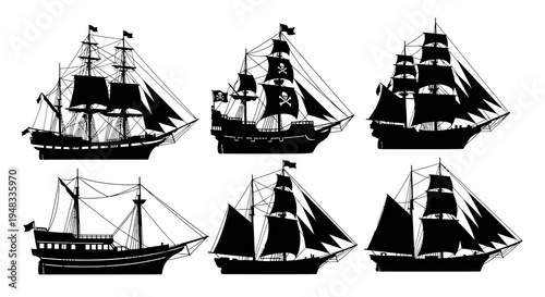Silhouette Pirate Ships, Vintage Sailing Vessels, Nautical Black  White Vector Art