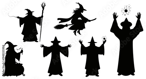 Halloween witches and wizards silhouettes, magic, fantasy, illustration