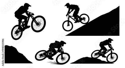 Mountain Biker Silhouettes Extreme Sports Downhill Cycling Vector Art