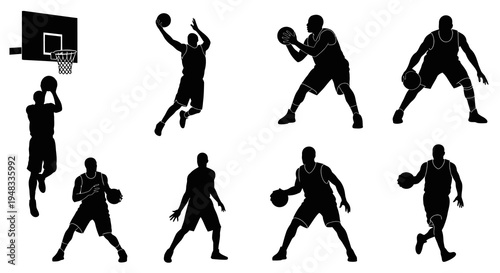 Black  White Silhouette Basketball Players Dribbling, Shooting, Dunking Vector