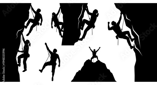 Black  White Silhouettes of Climbers Ascending Rocky Mountains