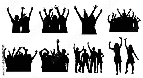 Black and white silhouettes of a cheering crowd at a concert or event