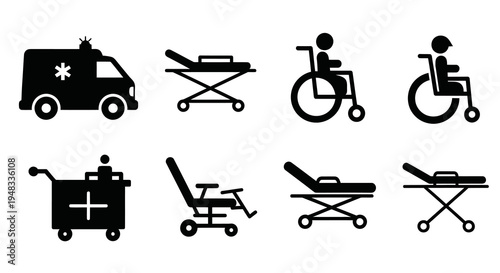 Medical Icons Set: Ambulance, Stretcher, Wheelchair, Medical Cart - Black Glyph