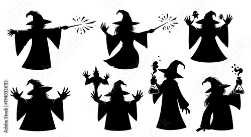 Silhouette Halloween Witches with Magic Wands and Potions, Flat Design