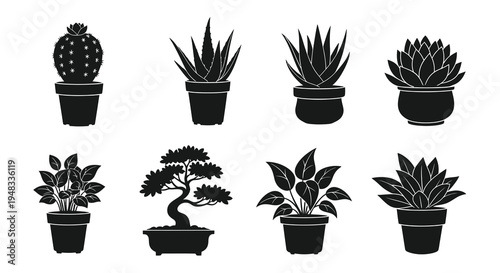 Black and White Icons of Potted Plants, Houseplants, and Succulents