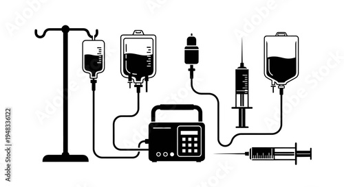 Medical Infusion Pump and IV Bags Black and White Vector Icons