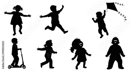Black  White Silhouette of Children Playing - Vector Art
