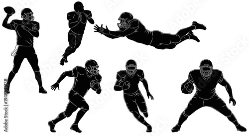 American Football Players Silhouettes - Black  White Sports Action Vector