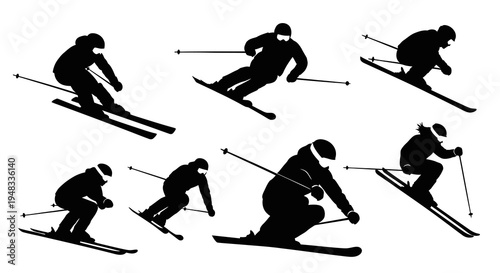 Black and White Silhouette Skiers on White Background, Winter Sport Art