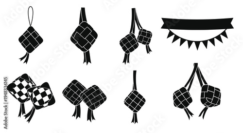Ketupat Icons Set Black White Glyph Ramadan Islamic Food Celebration