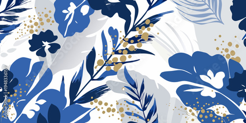 Abstract floral pattern with blue gold and white botanical elements