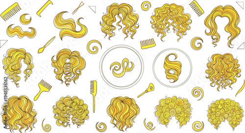 Blonde Curly Hairstyles Collection with Different Hair Styles, Ringlets and Waves with Comb and Hairdresser Tools for Beauty Salon Vector Illustration
