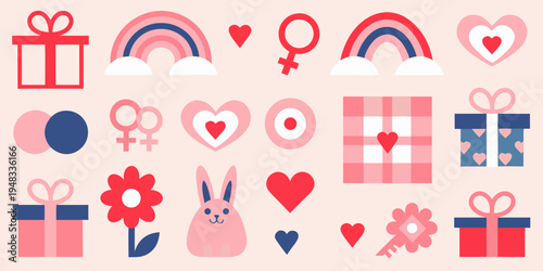 Colorful illustration featuring feminist symbols gifts and heart motifs