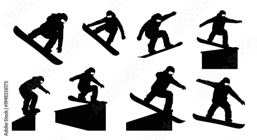 Snowboarder Silhouettes: Action Sports, Winter Activities, Vector Art