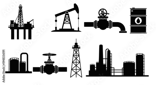 Oil and Gas Industry Icons: Rig, Pumpjack, Valve, Refinery, Barrel