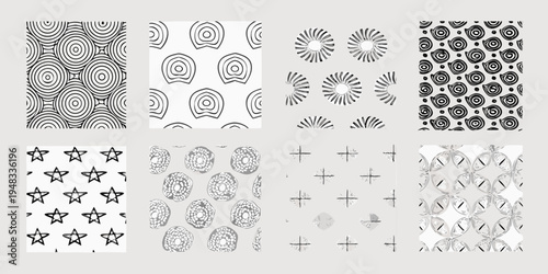 Abstract black and white patterns arranged in a grid layout