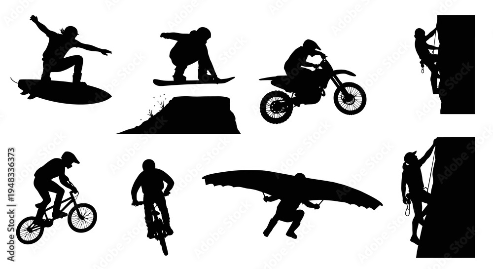 Obraz premium Extreme Sports Silhouettes: Surfing, Snowboarding, Biking, Motocross, Climbing, Hang Gliding