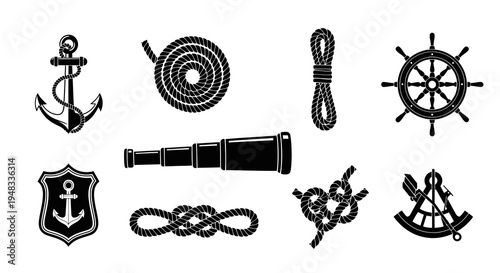 Nautical Icons Set: Anchor, Rope, Telescope, Ship Wheel, Sextant - Vector