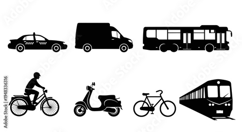 Black and White Icons of Transportation: Taxi, Van, Bus, Scooter, Bike, Train