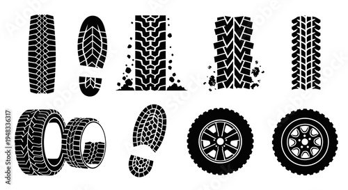 Black and white tire and shoe tread imprint collection, automotive vector icons