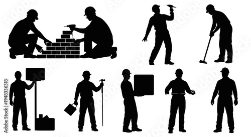 Construction Workers Silhouettes: Bricklaying, Tools, and Measuring