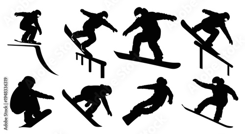 Black  White Silhouette Snowboarders Doing Tricks on Snowboard