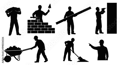 Construction workers silhouettes: bricklayer, builder, driller, laborer