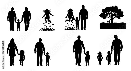 Black Silhouette Family Icon Set: Parents and Children Walking