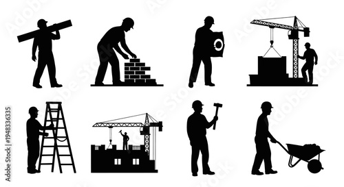 Construction worker silhouettes, building, crane, tools, vector art