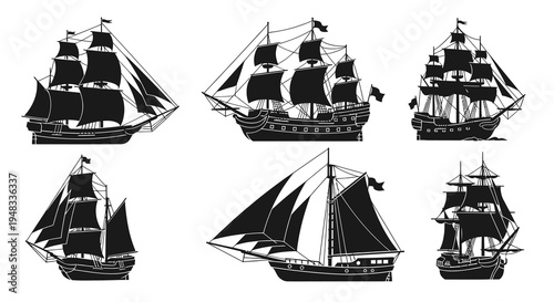 Vintage Sailing Ships Black and White Silhouette Vector Icons