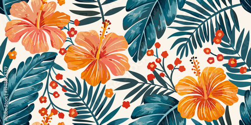 Tropical floral pattern with hibiscus flowers and lush green foliage
