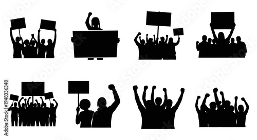 Silhouette Protestors with Signs, Activism, Black and White, Vector Art
