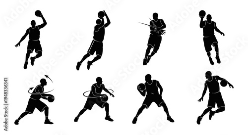 Basketball Players Silhouettes: Action Poses in Black and White Vector Art
