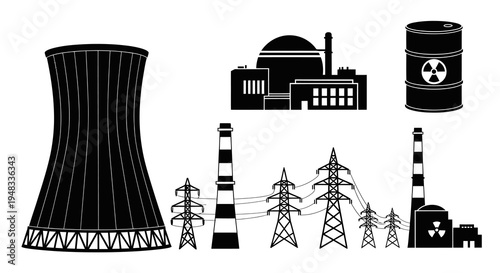 Black  White Icons of Nuclear Power Plant: Cooling Tower, Reactor, Barrel, Chimney, Power Lines