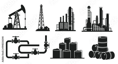 Black and White Oil Industry Icons: Pumpjack, Rig, Refinery, Tanks, Drums