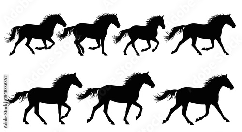 Black Horse Silhouettes Galloping, Running, Set of 6, Vector Art