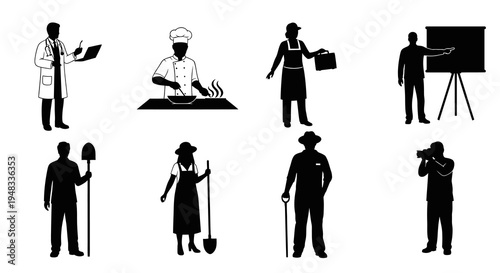 Diverse Professionals Silhouettes - Doctor, Chef, Farmer, Presenter, Photographer