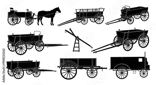 Vintage Horse Carts and Wagons Silhouette - Transportation Vector Art