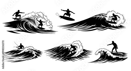 Black  White Surfer Silhouettes Riding Waves Vector Art