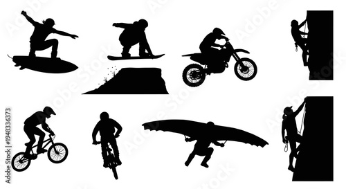 Extreme Sports Silhouettes: Surfing, Snowboarding, Biking, Motocross, Climbing, Hang Gliding