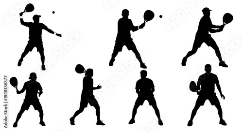 Silhouette Collection of Tennis Player Poses in Black and White Vector Art